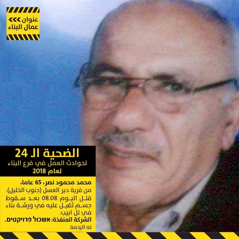 محمد محمود نصر، 65 عامًا من سكان دير العسل، بالقرب من الخليل، هو الضحية 24 في حوادث العمل بفرع البناء