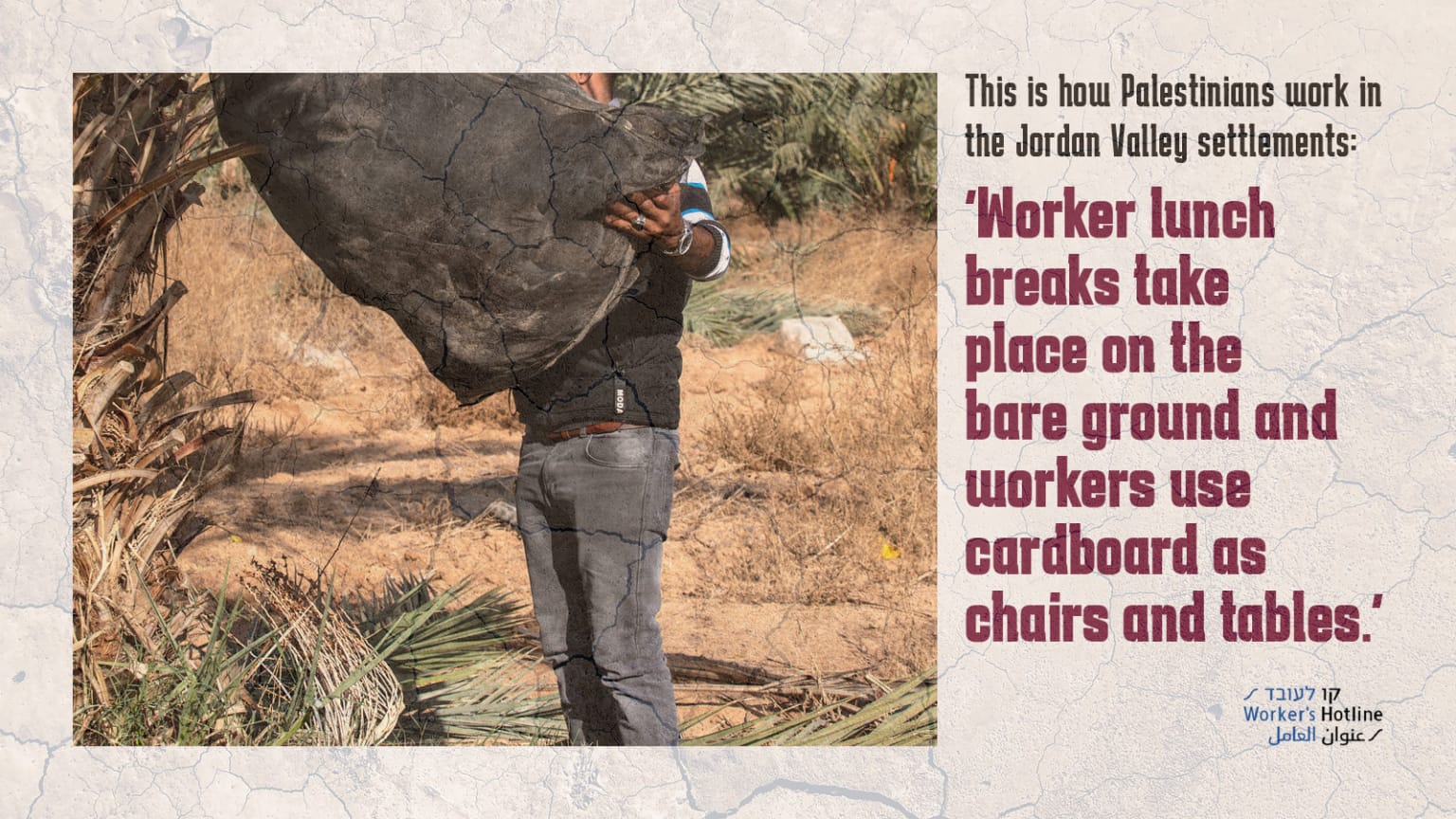 “Worker lunch breaks take place on the bare ground and workers use cardboard as chairs and tables.”